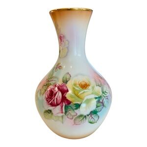 Vintage RS Prussia Style 7” Hand Painted Porcelain Vase Pink Roses Gold Trim